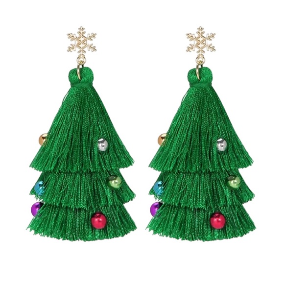 Christmas Tree Beads Tiered Fringe‎ Green Earrings - Festive Holiday Jewelry - Picture 1 of 6